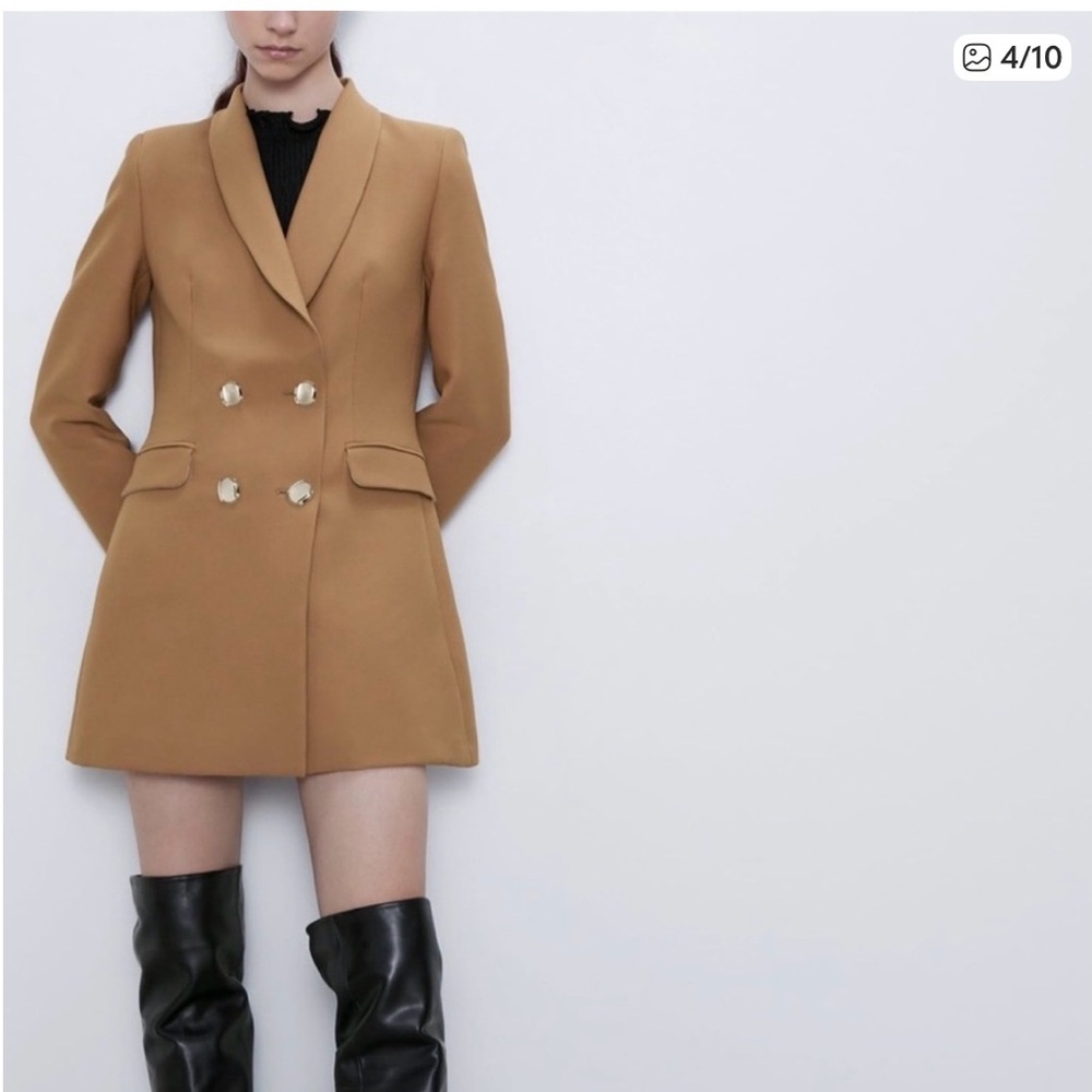 NEW ZARA women tan camel double breasted long blazer jacket dress size XS